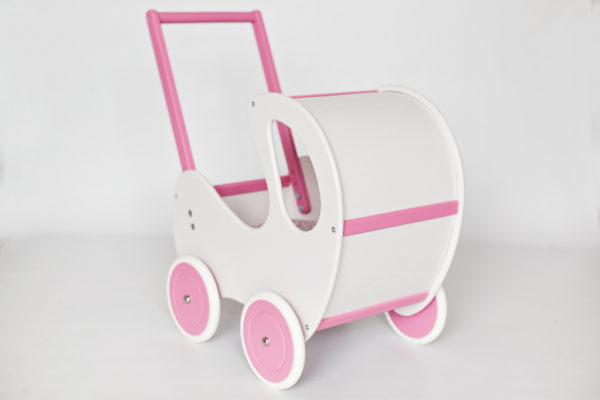 Drewniany wózek dla lalek Retro - biel połączona z pastelowym różem