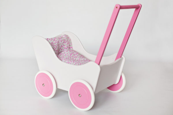 Drewniany wózek dla lalek - pchacz Tola - biel połączona z pastelowym różem